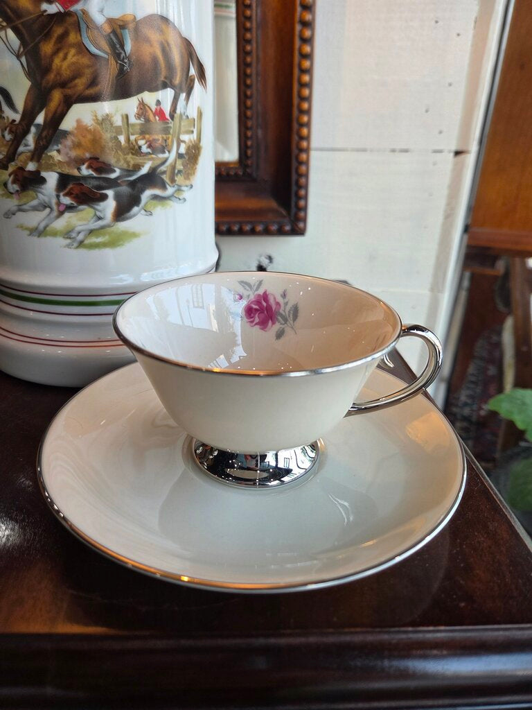 Flintridge China California Platinum Rose Teacup & Saucer
