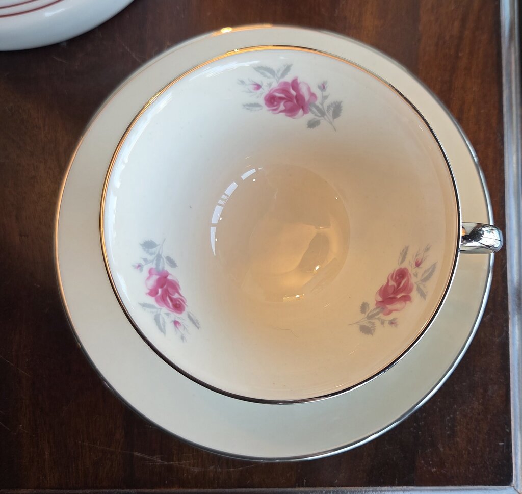 Flintridge China California Platinum Rose Teacup & Saucer
