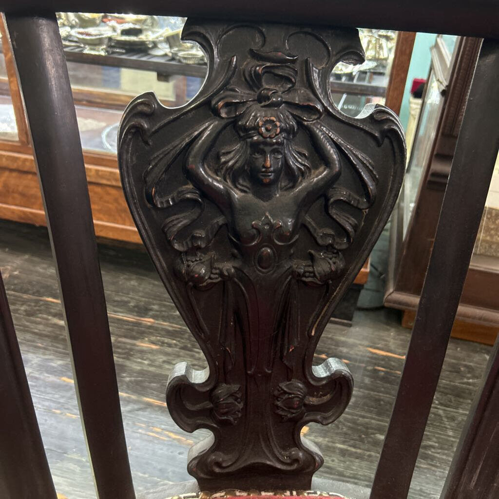 German Dark Wood Carved Chair, Red Pattern Upholstery.