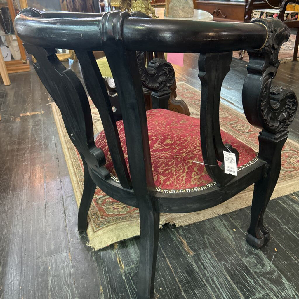 German Dark Wood Carved Chair, Red Pattern Upholstery.