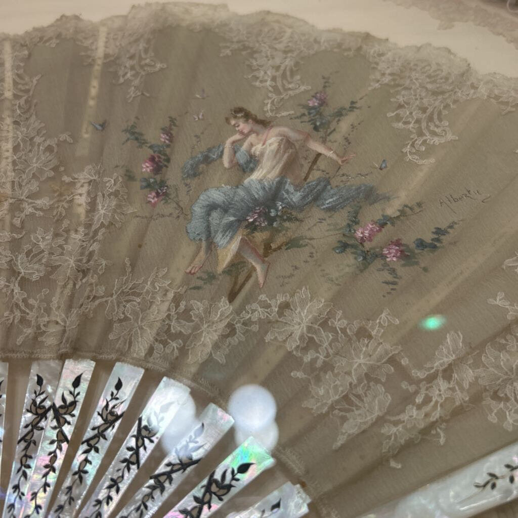 Mother Of Pearl Cherub Scene,silk Fan