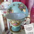 Vtg European Tea Cup and Saucer, Teal Victorian Scene.