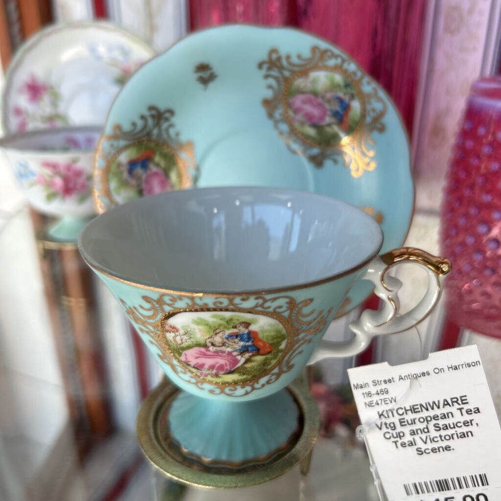 Vtg European Tea Cup and Saucer, Teal Victorian Scene.