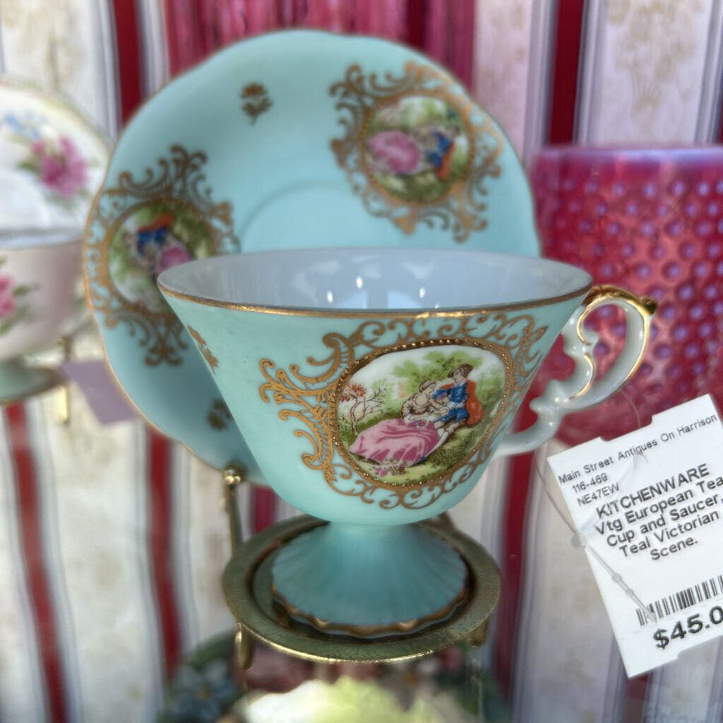 Vtg European Tea Cup and Saucer, Teal Victorian Scene.