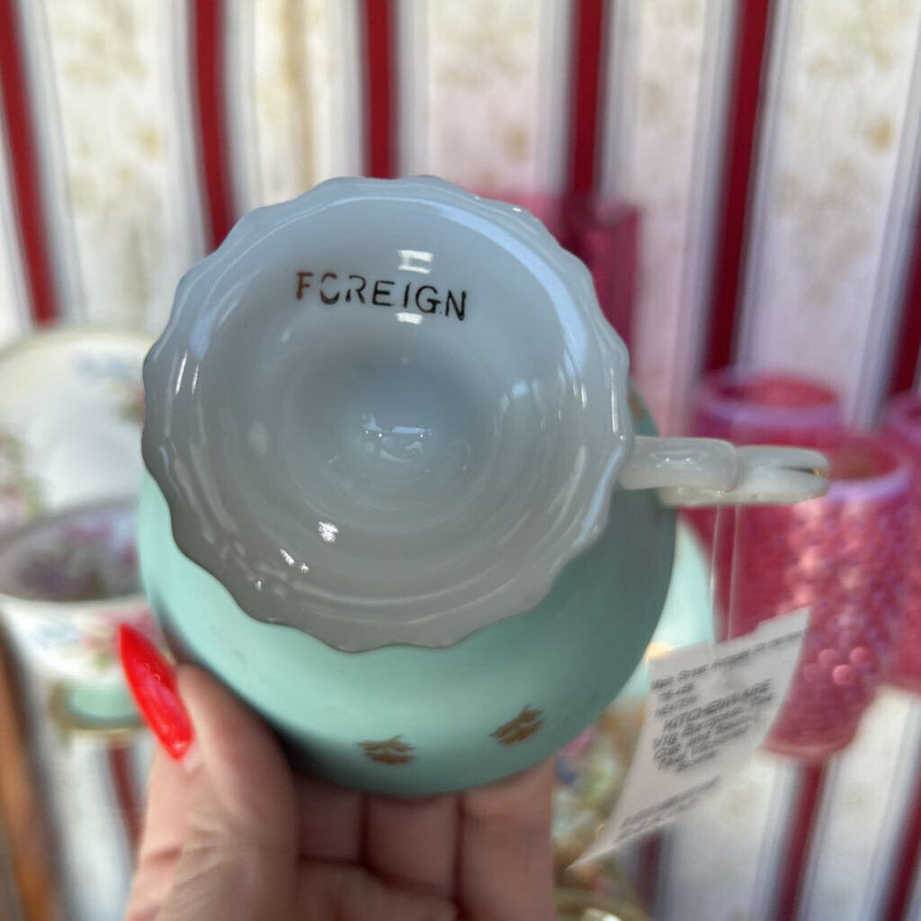 Vtg European Tea Cup and Saucer, Teal Victorian Scene.