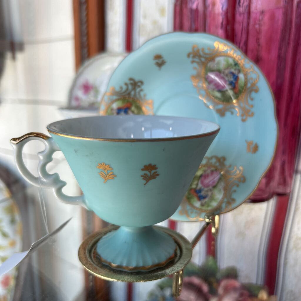 Vtg European Tea Cup and Saucer, Teal Victorian Scene.