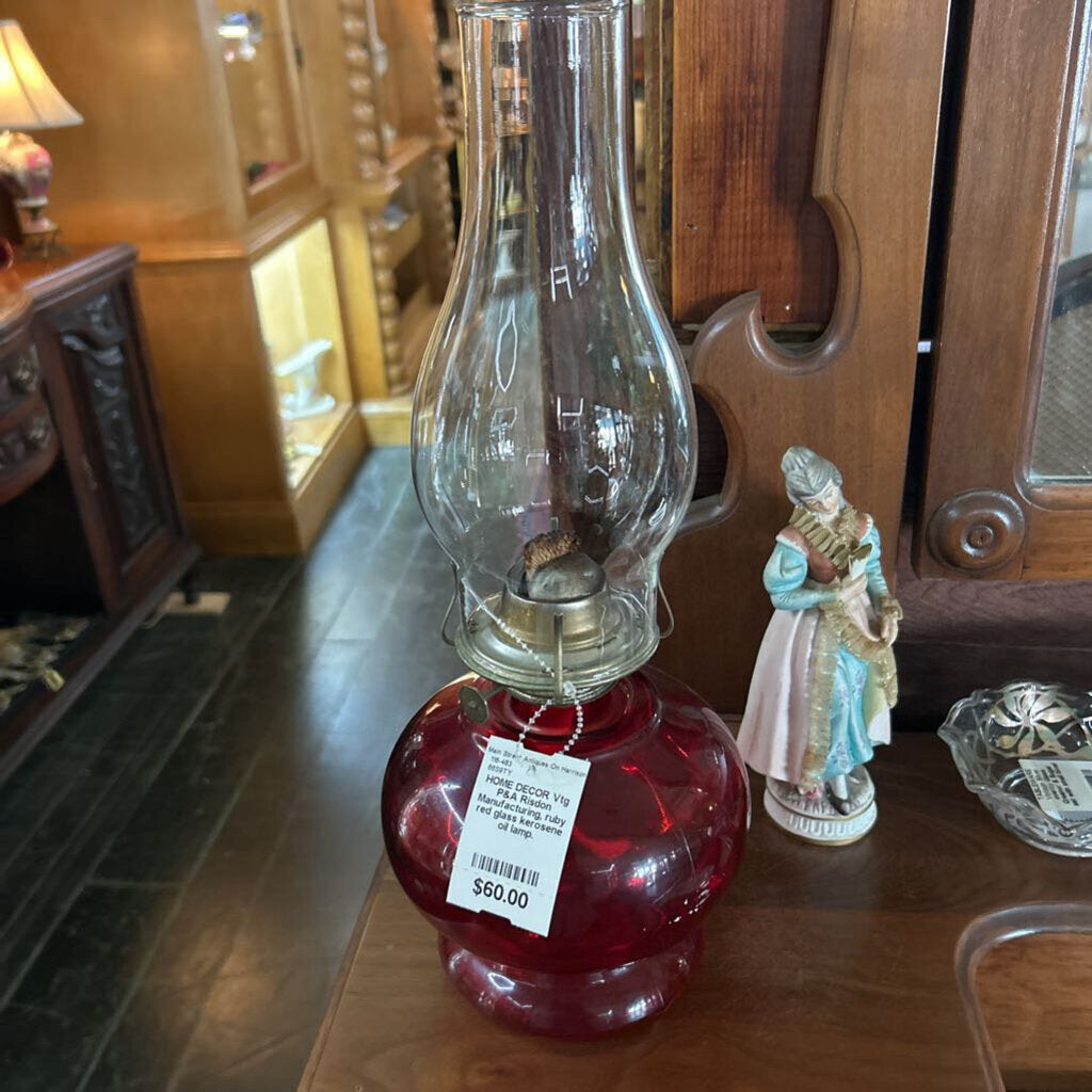 Vtg P&A Risdon Manufacturing, ruby red glass kerosene oil lamp.