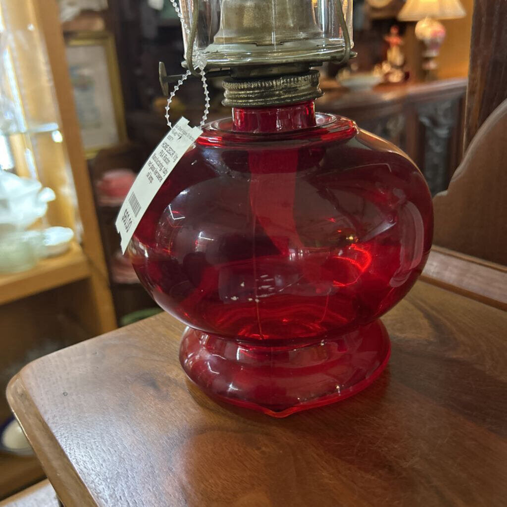Vtg P&A Risdon Manufacturing, ruby red glass kerosene oil lamp.