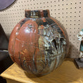 Pottery, hand-thrown ceramic vase- spherical shape, multi-color glaze with drips- rust brown.