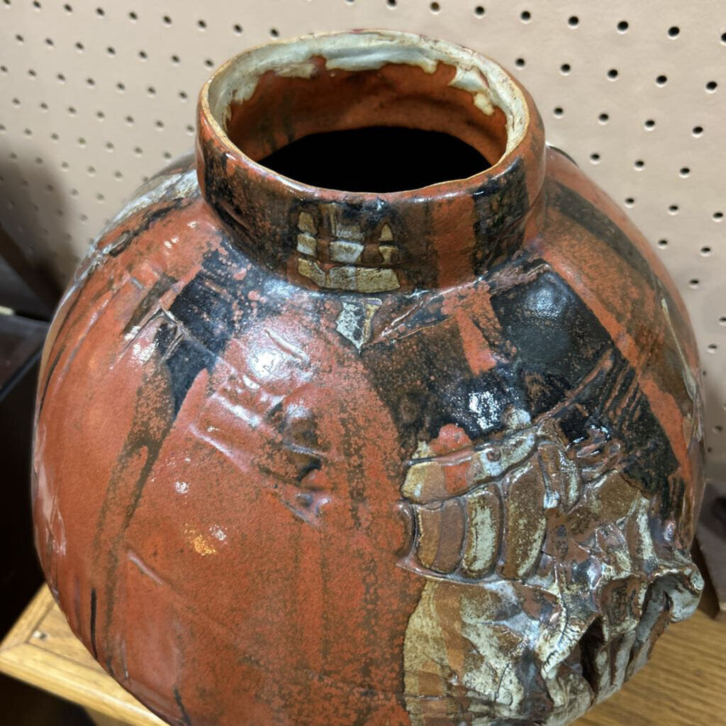Pottery, hand-thrown ceramic vase- spherical shape, multi-color glaze with drips- rust brown.
