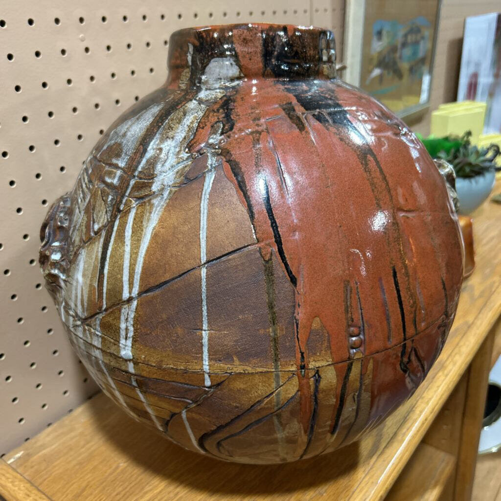 Pottery, hand-thrown ceramic vase- spherical shape, multi-color glaze with drips- rust brown.