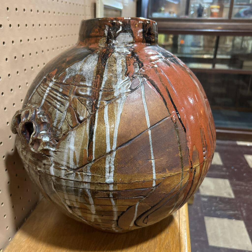Pottery, hand-thrown ceramic vase- spherical shape, multi-color glaze with drips- rust brown.