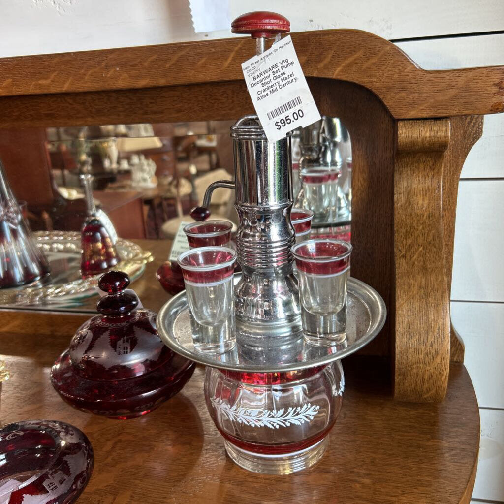 Vtg Decanter Set Pump Shot Glass Cranberry Hazel Atlas Mid Century.