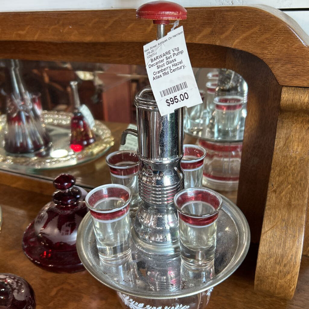 Vtg Decanter Set Pump Shot Glass Cranberry Hazel Atlas Mid Century.