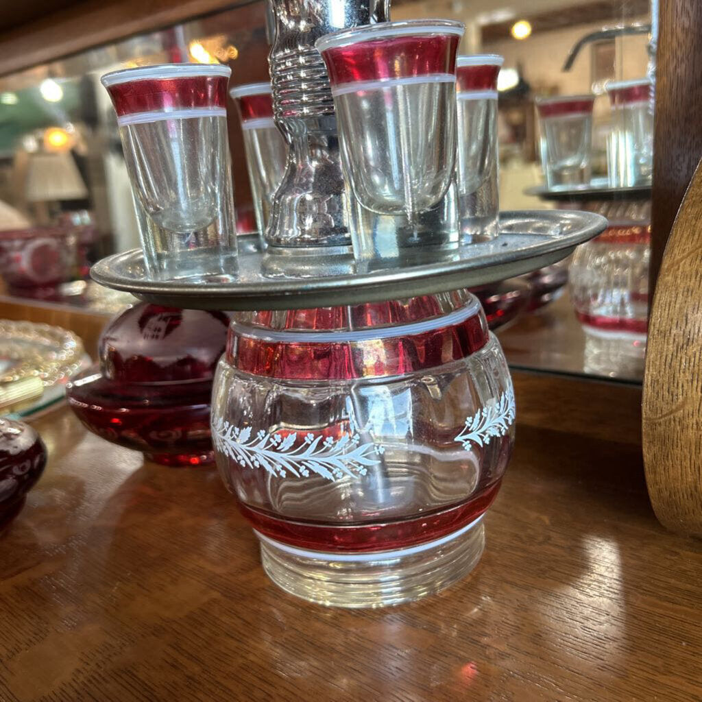 Vtg Decanter Set Pump Shot Glass Cranberry Hazel Atlas Mid Century.