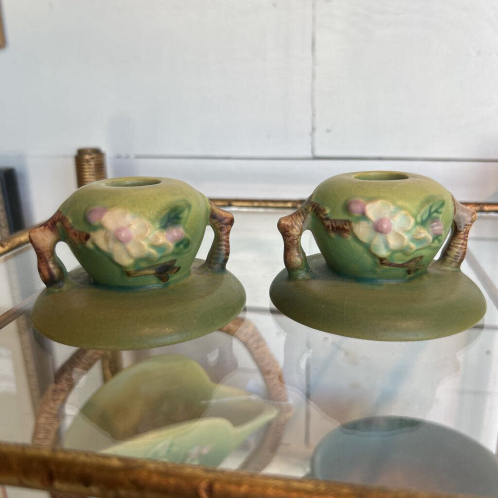Roseville Pottery Apple Blossom green candlestick holders 1949-54 (set 2)