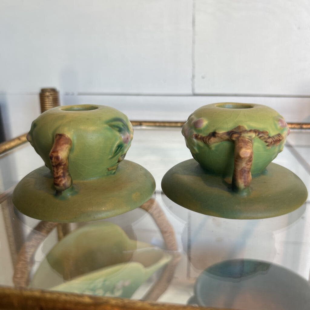 Roseville Pottery Apple Blossom green candlestick holders 1949-54 (set 2)