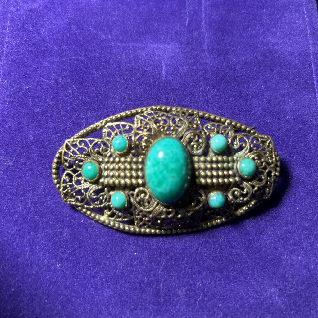 Art Deco brooch, Czechoslovakian c.1920-30. Brass Filigree, cabochon of Peking glass