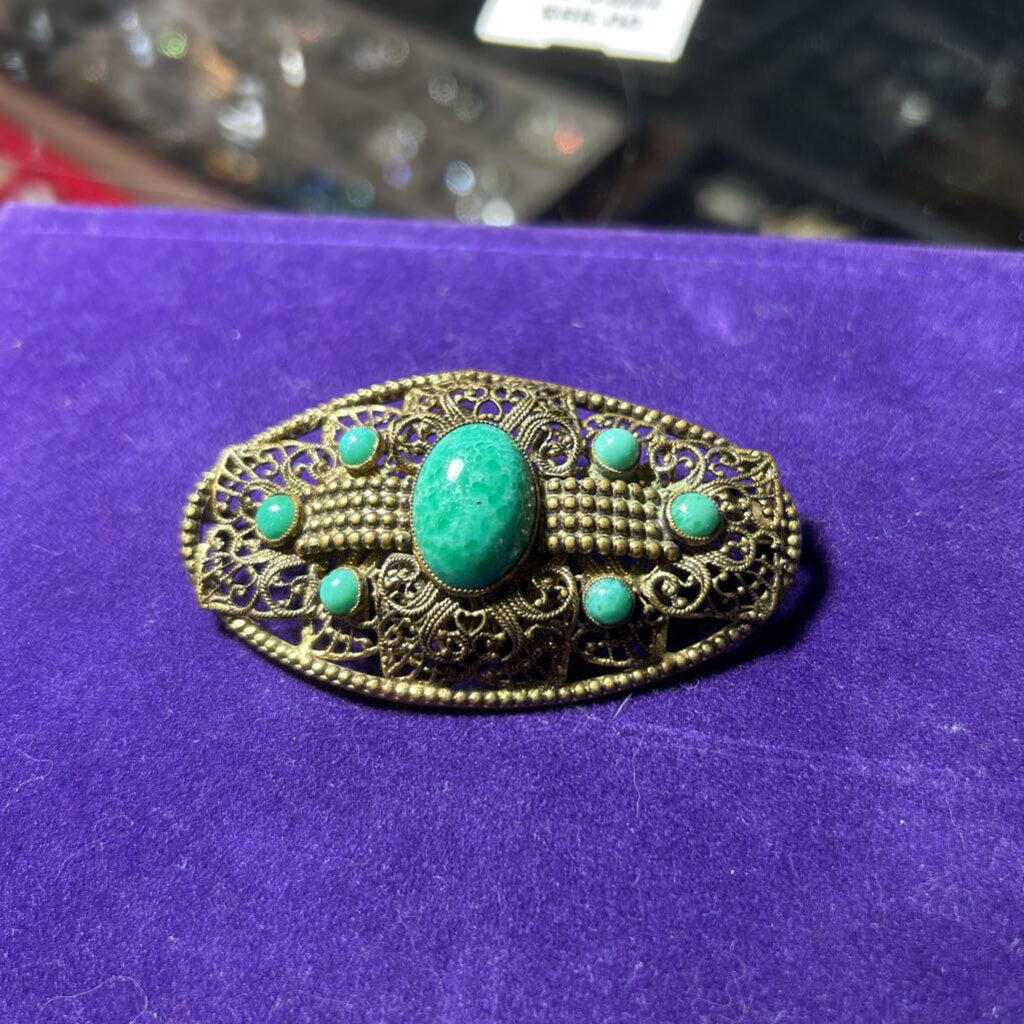 Art Deco brooch, Czechoslovakian c.1920-30. Brass Filigree, cabochon of Peking glass
