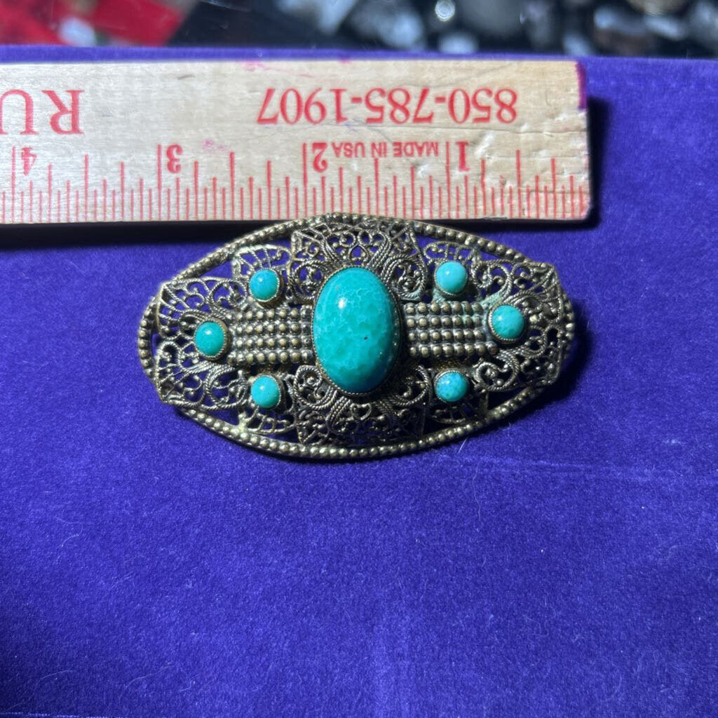 Art Deco brooch, Czechoslovakian c.1920-30. Brass Filigree, cabochon of Peking glass