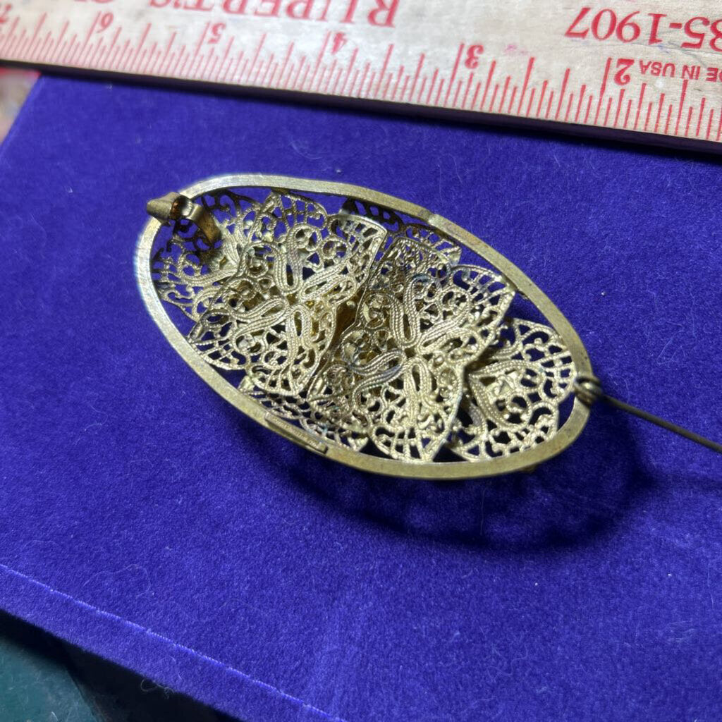 Art Deco brooch, Czechoslovakian c.1920-30. Brass Filigree, cabochon of Peking glass