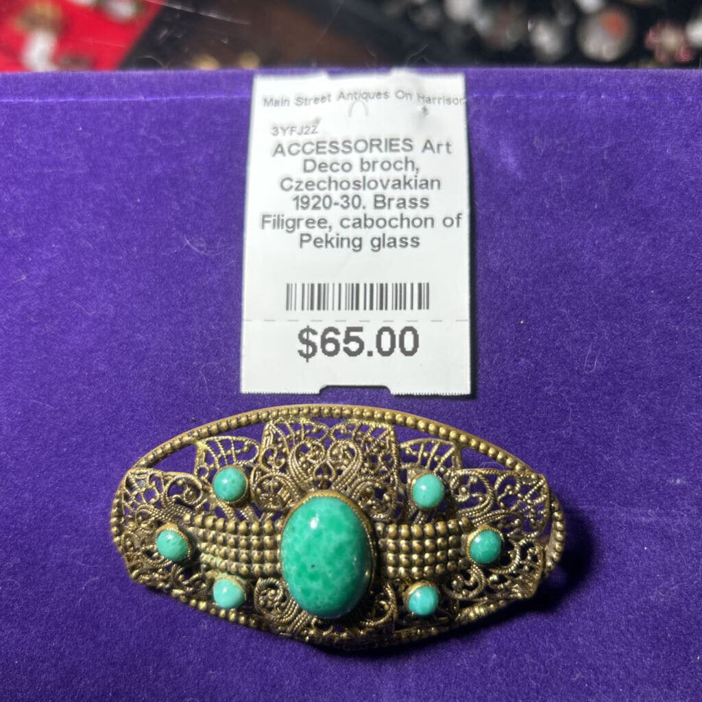 Art Deco brooch, Czechoslovakian c.1920-30. Brass Filigree, cabochon of Peking glass