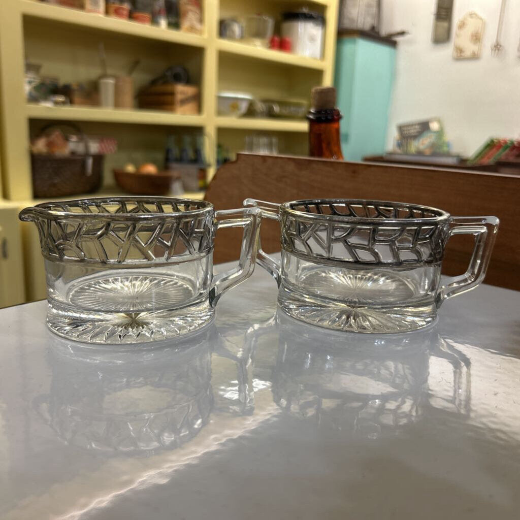 Open Style Sugar & Creamer with Art Deco Silverplate Overlay