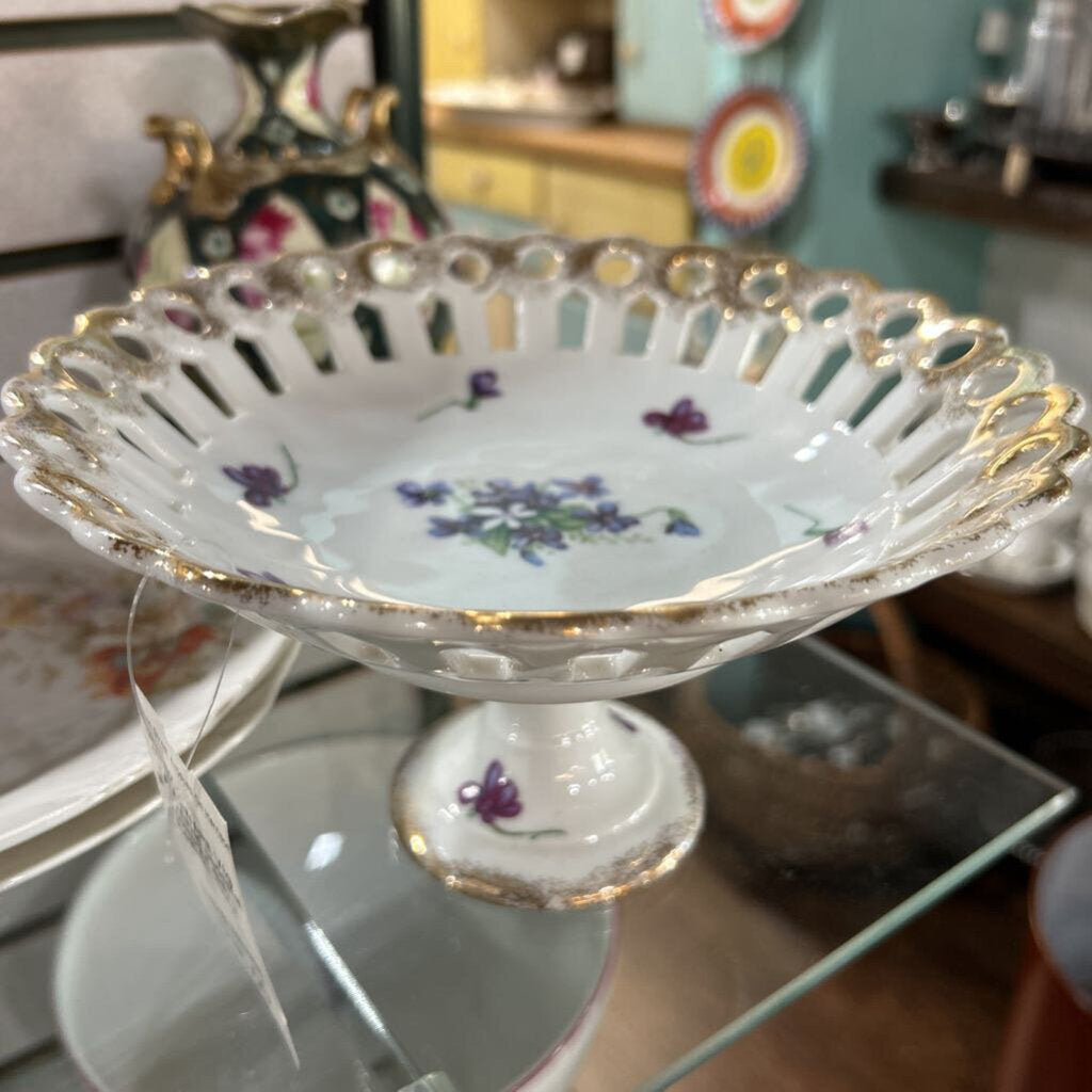 Vtg Reticulated pedestal compote dish, H.painted floral.