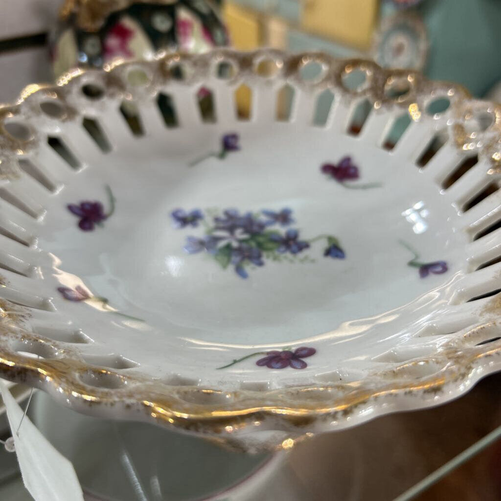 Vtg Reticulated pedestal compote dish, H.painted floral.