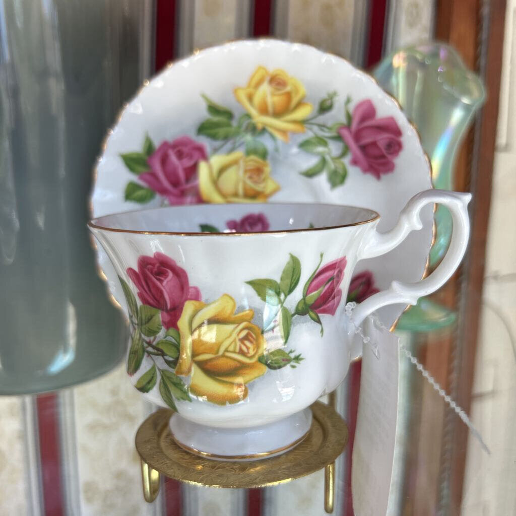 Vtg Royal Albert bone china teacup and saucer "pink yellow roses" England