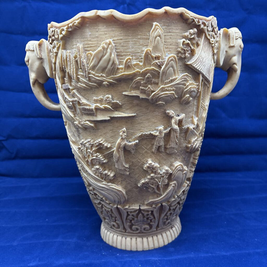 Mid Century Cast Resin Chinoiserie Vase with Elephant Handles.