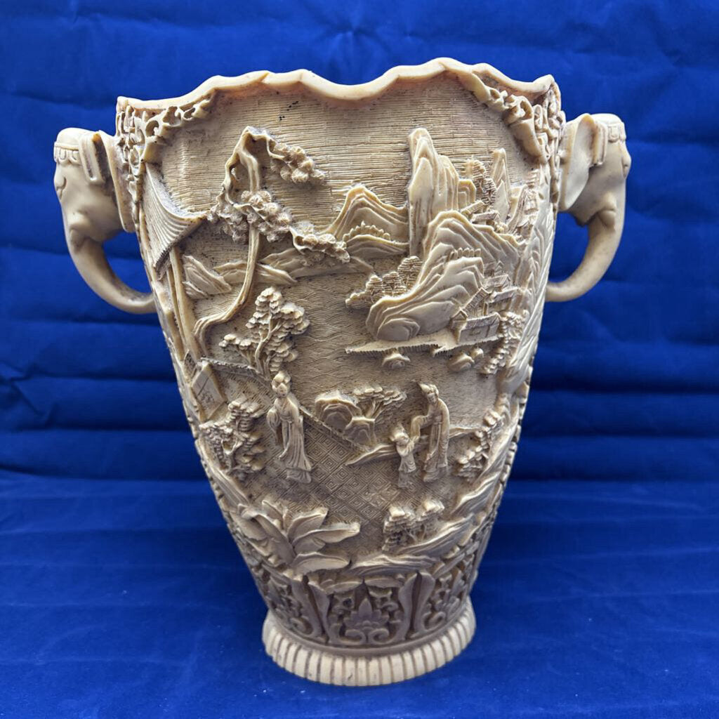 Mid Century Cast Resin Chinoiserie Vase with Elephant Handles.