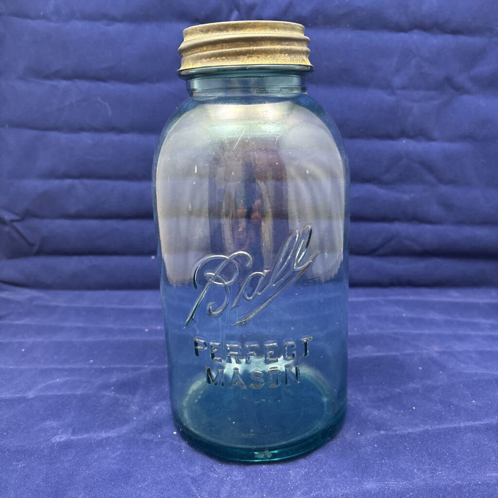 Antique half gallon aqua glass Mason jar with Zinc lid and Milk Glass insert; circa pre-1920