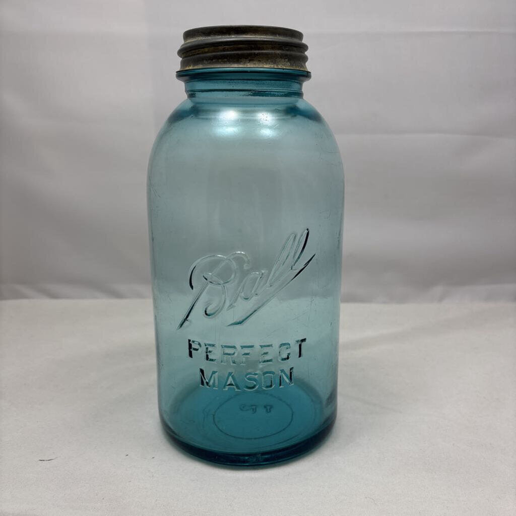 Antique half gallon aqua glass Mason jar with Zinc lid and Milk Glass insert; circa pre-1920