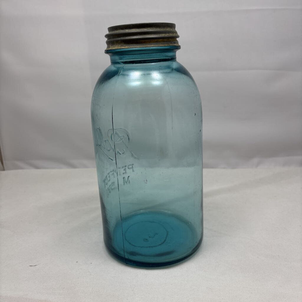 Antique half gallon aqua glass Mason jar with Zinc lid and Milk Glass insert; circa pre-1920
