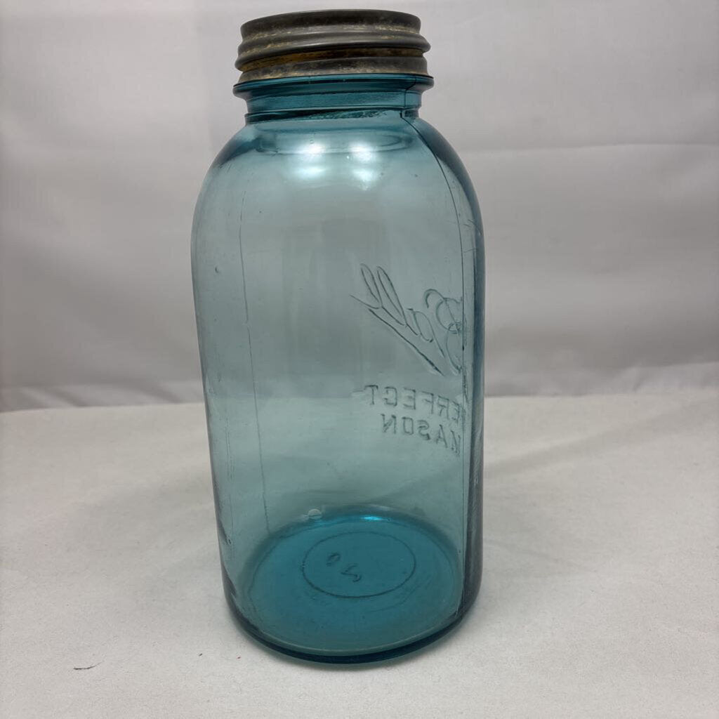 Antique half gallon aqua glass Mason jar with Zinc lid and Milk Glass insert; circa pre-1920