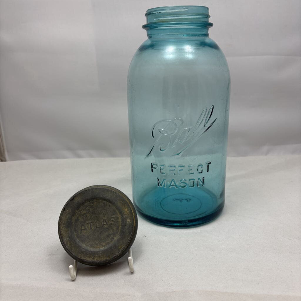 Antique half gallon aqua glass Mason jar with Zinc lid and Milk Glass insert; circa pre-1920