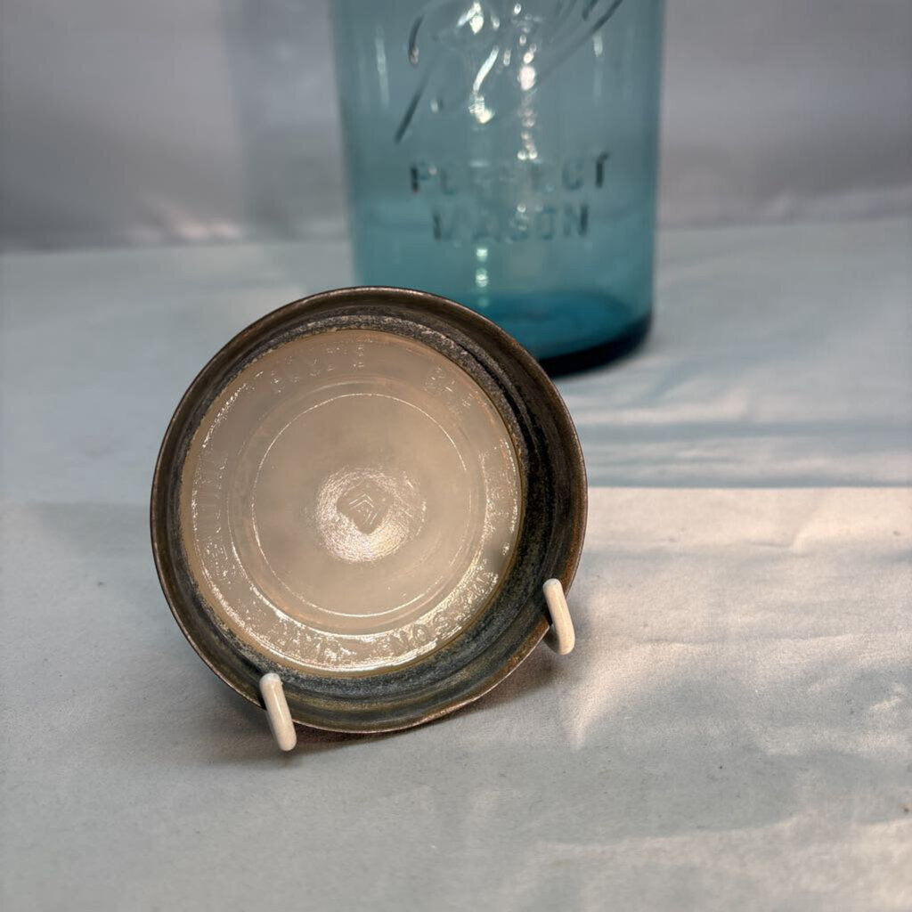 Antique half gallon aqua glass Mason jar with Zinc lid and Milk Glass insert; circa pre-1920