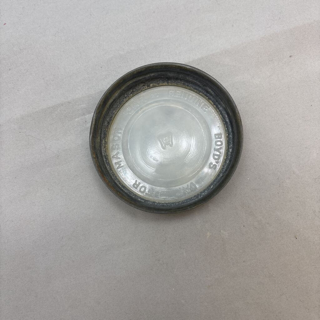 Antique half gallon aqua glass Mason jar with Zinc lid and Milk Glass insert; circa pre-1920