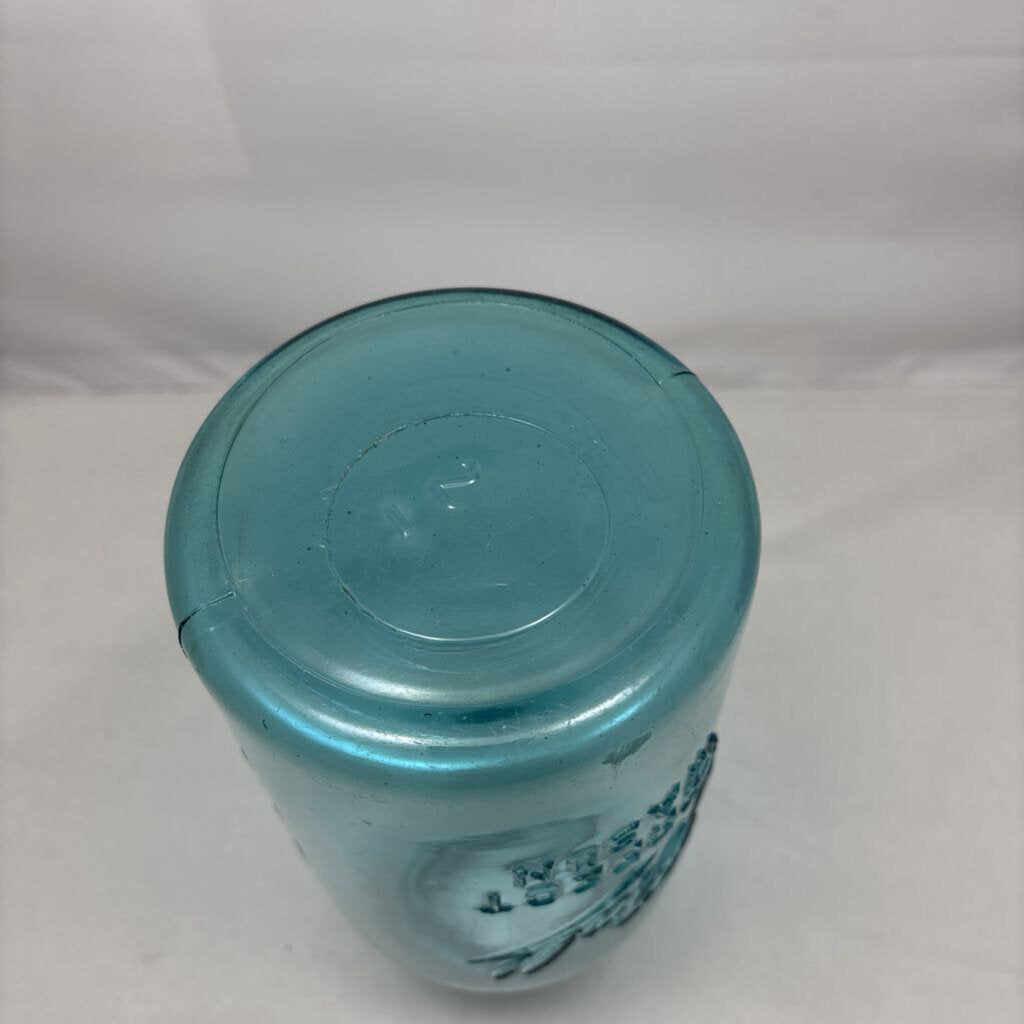 Antique half gallon aqua glass Mason jar with Zinc lid and Milk Glass insert; circa pre-1920