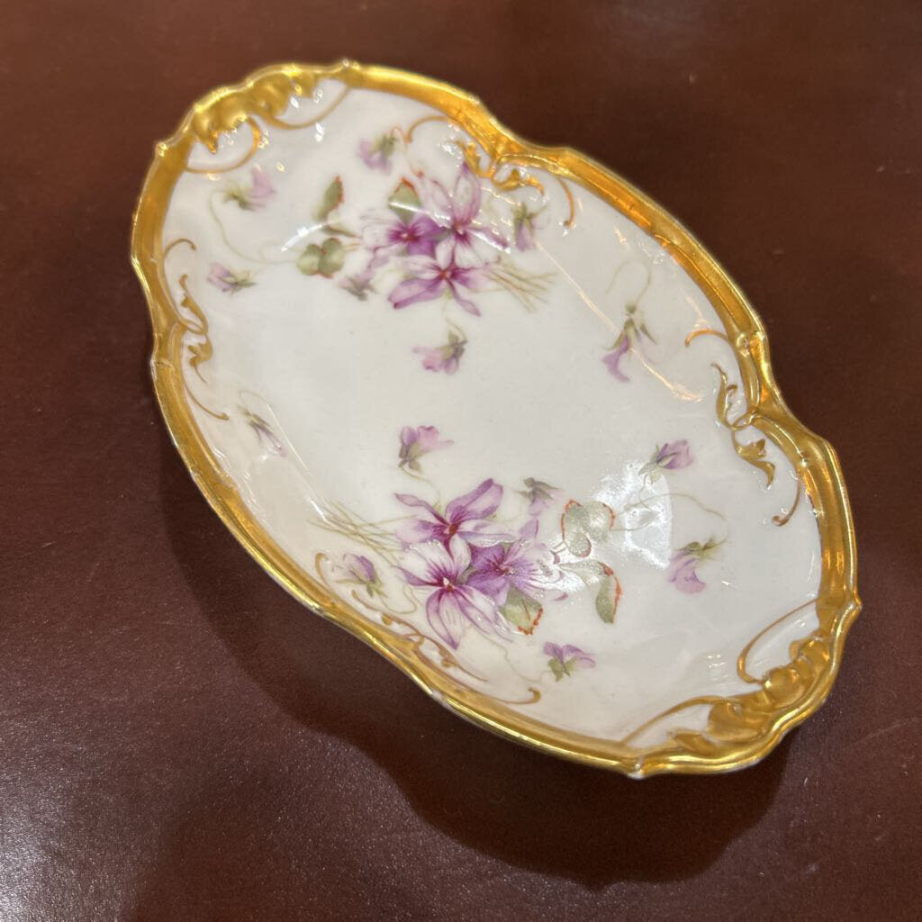 Antique Limoges porcelain oval dish, Hand-Painted with Violet floral design, Gold rim, Lewis Straus & Sons, France.