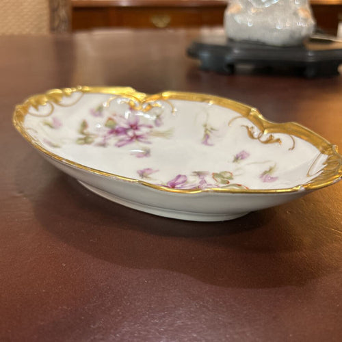 Antique Limoges porcelain oval dish, Hand-Painted with Violet floral design, Gold rim, Lewis Straus & Sons, France.