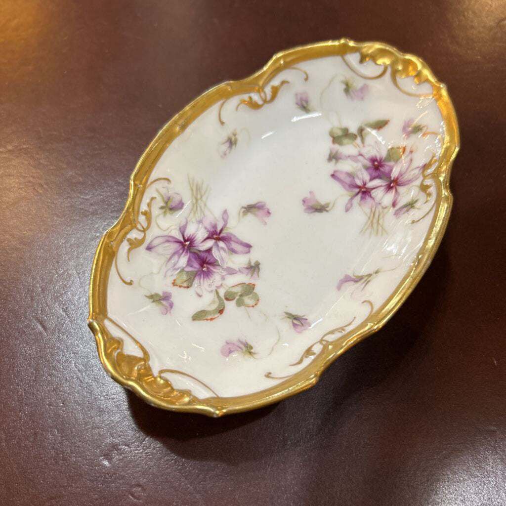 Antique Limoges porcelain oval dish, Hand-Painted with Violet floral design, Gold rim, Lewis Straus & Sons, France.
