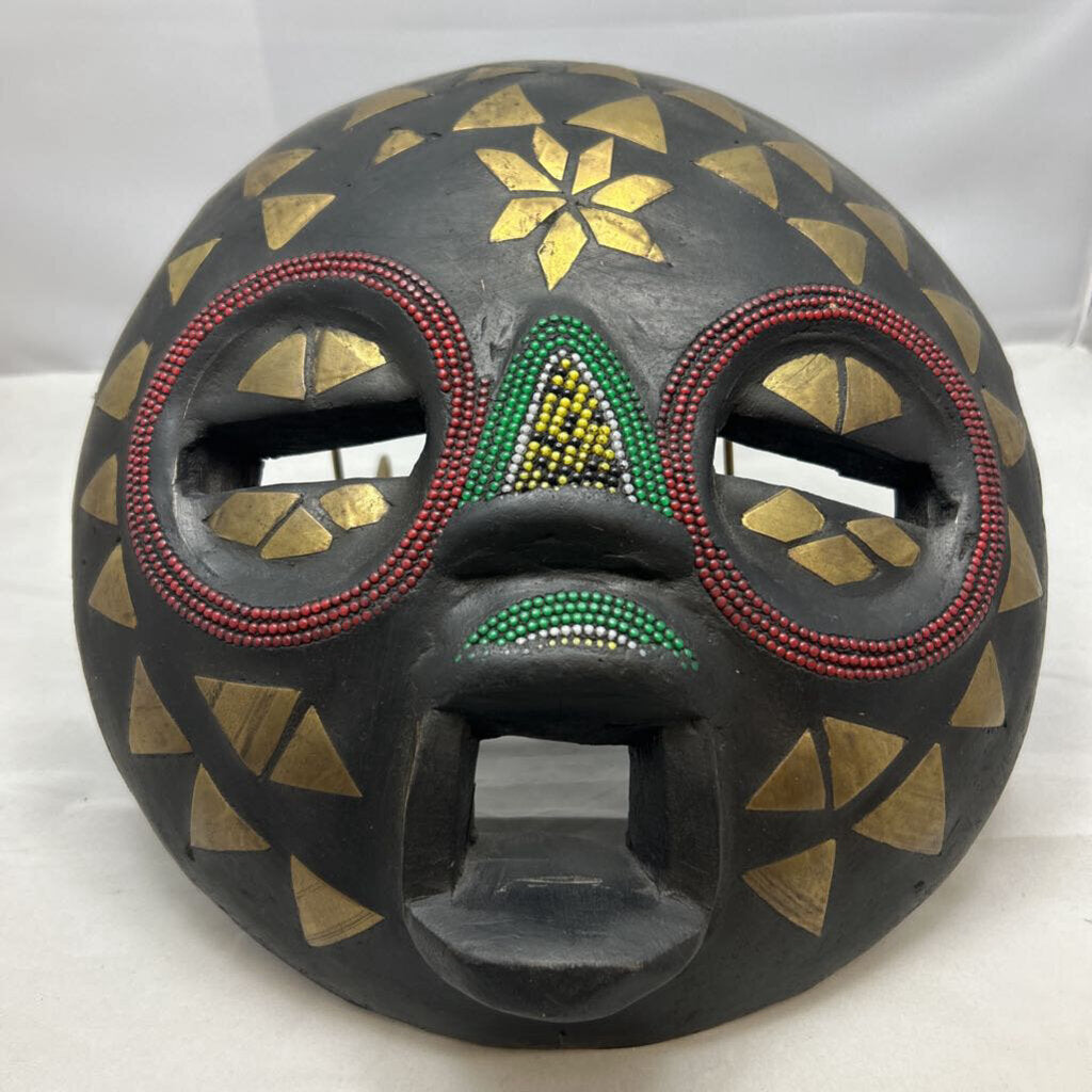 Carved wood ceremonial beaded with brass inlays tribal mask, made in Ghana.
