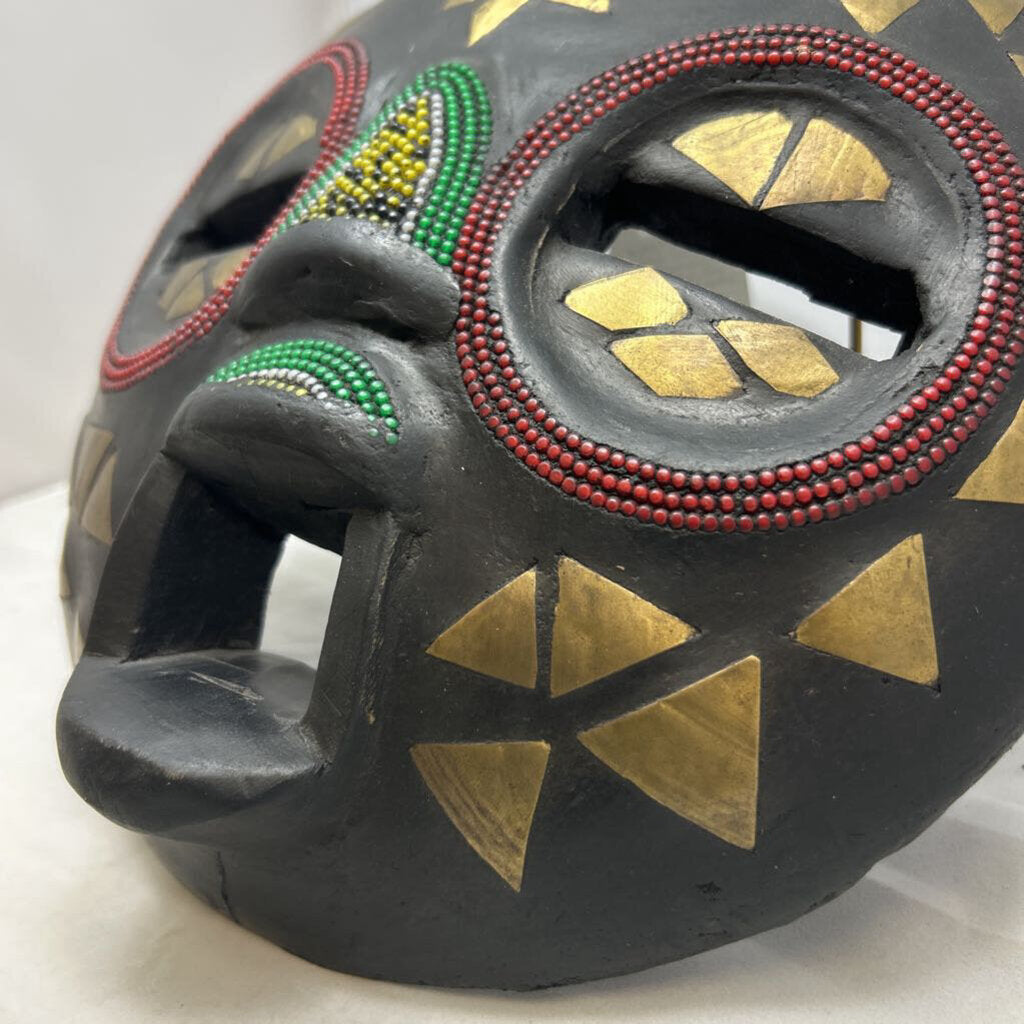 Carved wood ceremonial beaded with brass inlays tribal mask, made in Ghana.