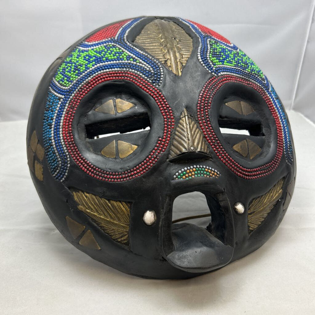 Carved wood ceremonial beaded with brass inlays tribal mask, made in Ghana.