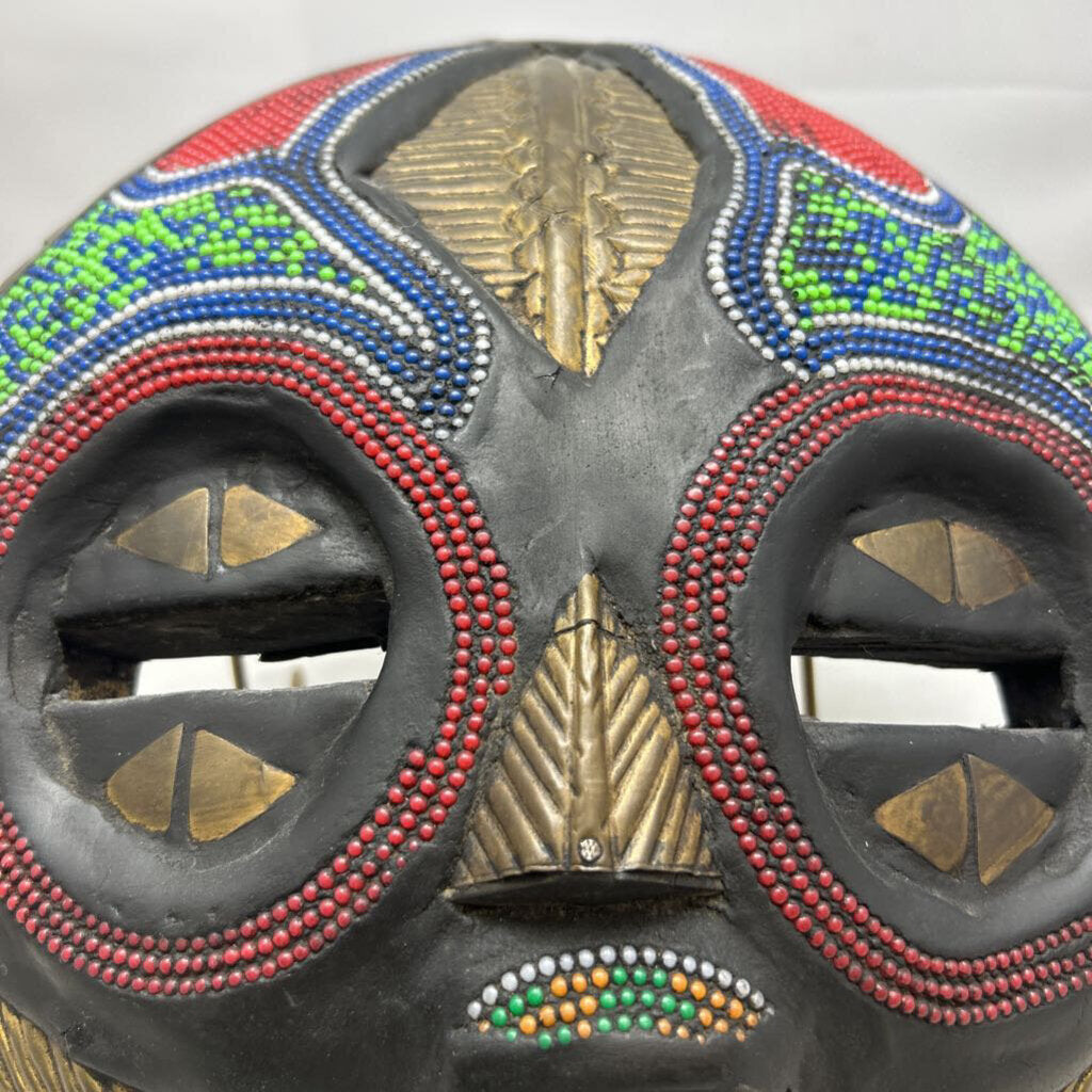 Carved wood ceremonial beaded with brass inlays tribal mask, made in Ghana.