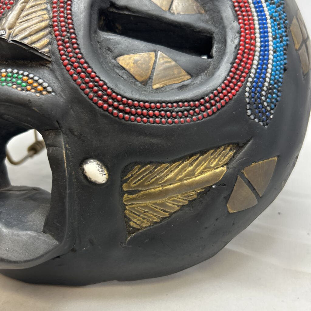Carved wood ceremonial beaded with brass inlays tribal mask, made in Ghana.