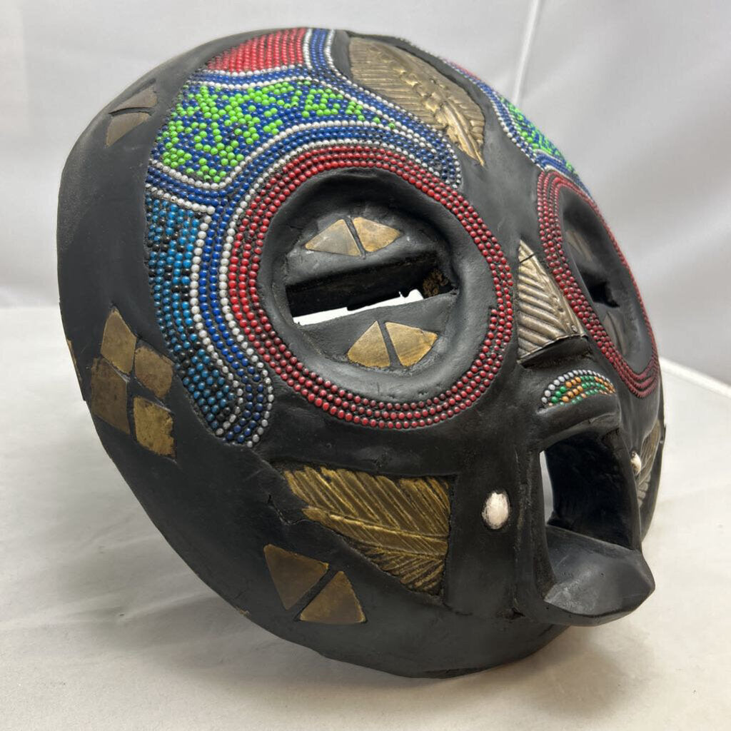 Carved wood ceremonial beaded with brass inlays tribal mask, made in Ghana.