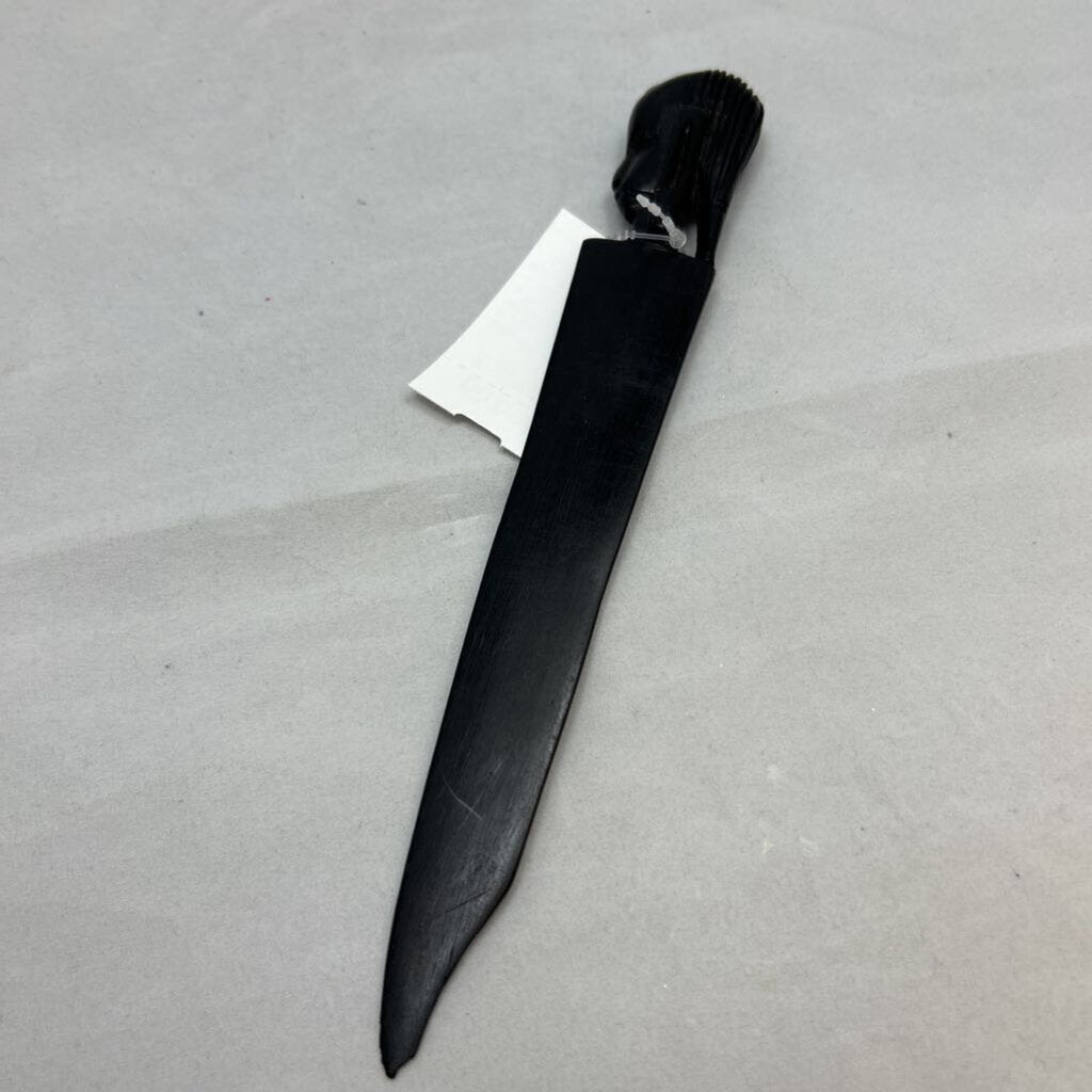 Vtg African letter opener featuring a dark wood handle hand-carved into a tribal head design.